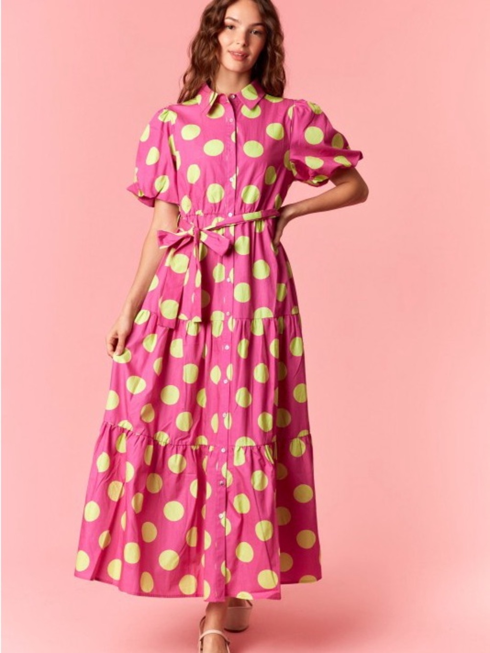 NWT PINK POLKA DOT COTTON POPLIN PRINTED PUFF SLEEVE MAXI DRESS POCKETS - Picture 2 of 9